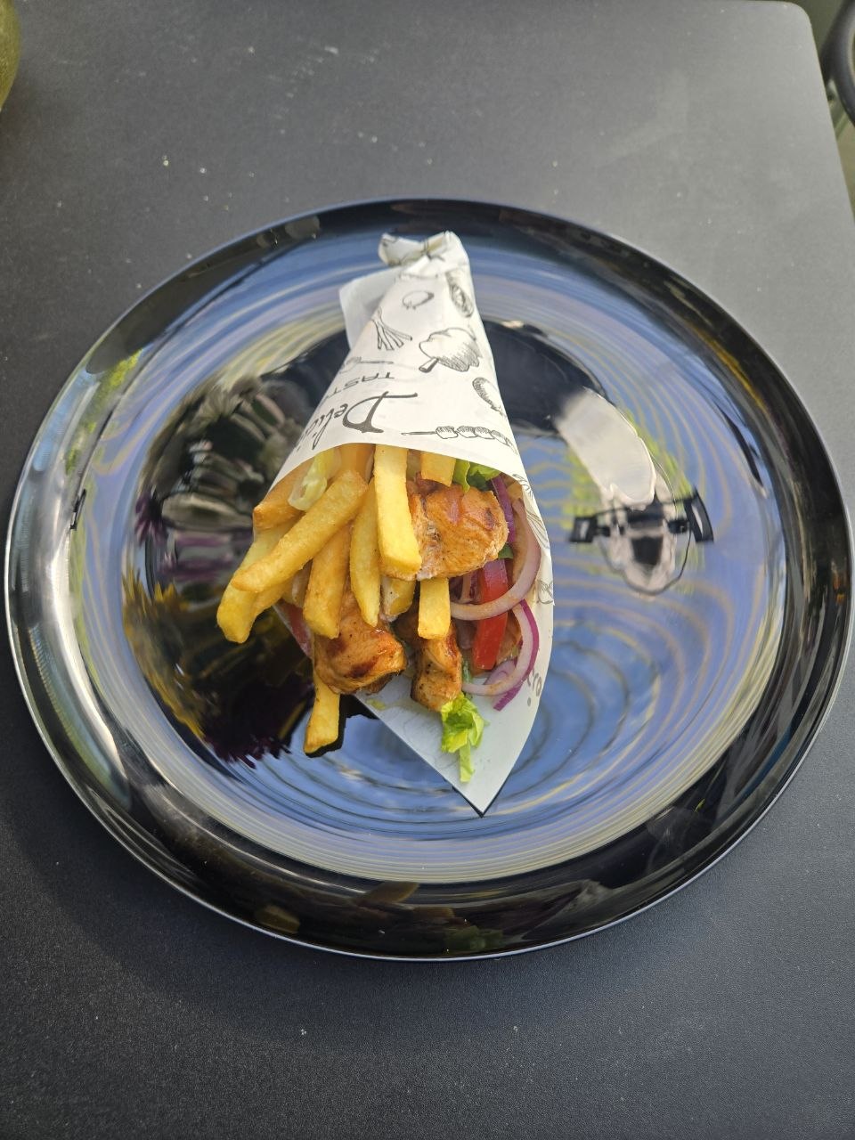 Pitta wrap with chicken souvlaki skewer, tzatziki, tomato, onion, lettuce and french fries - Cristinas Greek Souvlaki Daventry