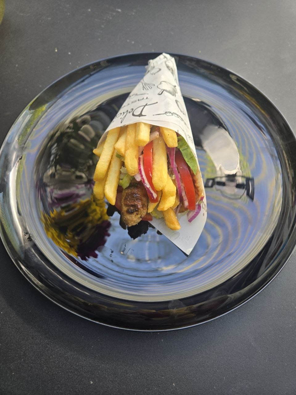 Pitta wrap with kebab skewer, tzatziki, tomato, onion, lettuce and french fries - Cristinas Greek Souvlaki Daventry