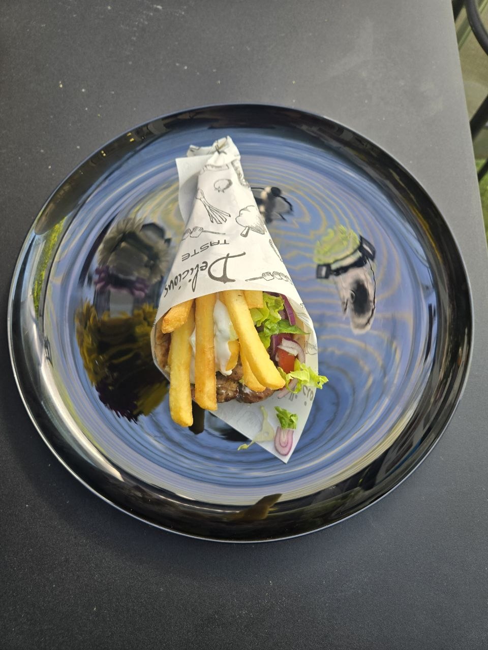 Pitta wrap with lamb souvlaki skewer, tzatziki, tomato, onion, lettuce and french fries - Cristinas Greek Souvlaki Daventry